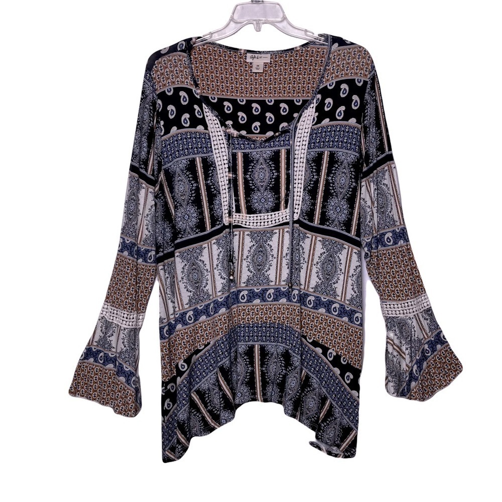 Style & Co | Multicolored Boho Crochet Trim Flare Sleeve Blouse, Size 2X